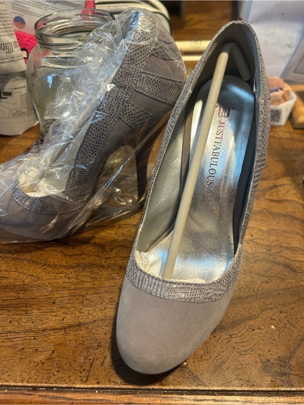 JustFab Taupe Suede and Snakeskin-Trim Pump